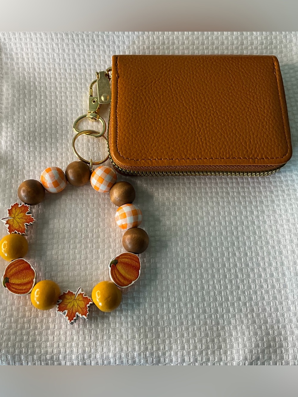 Beaded Fall Wristlet Keychain - Orange Plaid & Pumpkin Charm